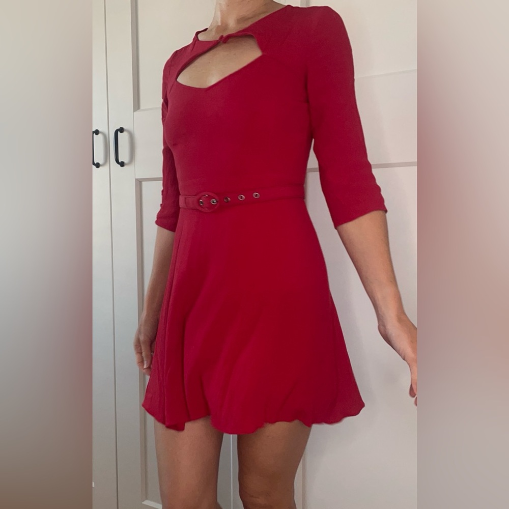 Red fit and flare mini with peek-a-boo neck line